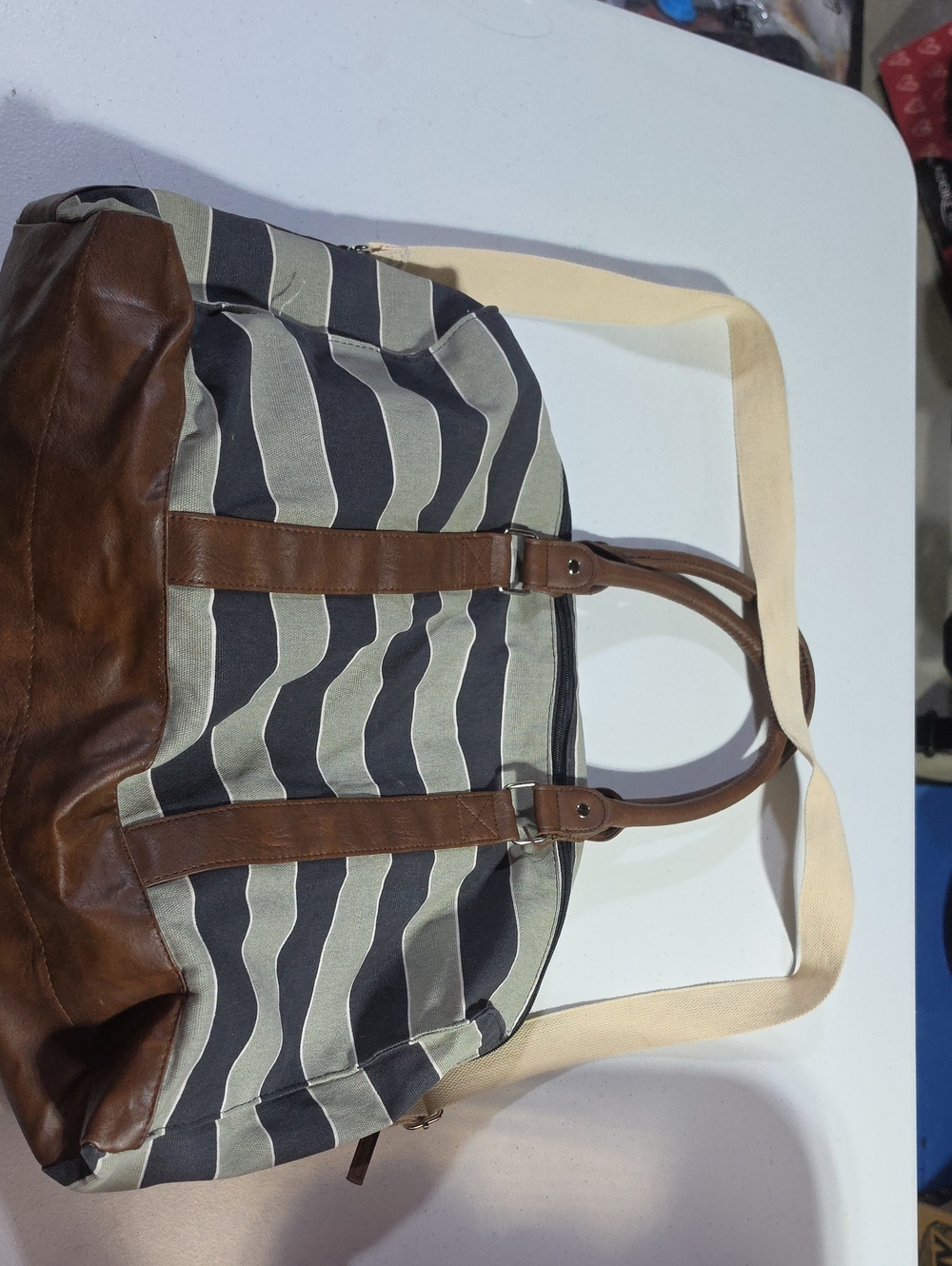 Canvas and Leather Striped Tote Bag - Black & Brown